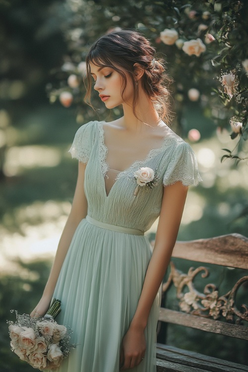 A chic woman in a pastel mint green tea-length dress with a gathered bodice, short flutter sleeves, and floral lace appliqués