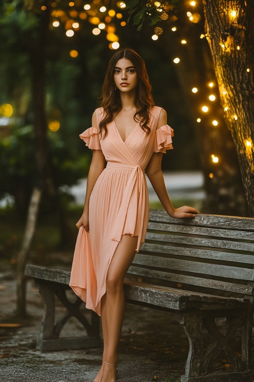 A chic woman in a pastel peach tea-length midi dress with a wrap bodice, flutter sleeves, and pleated detailing 