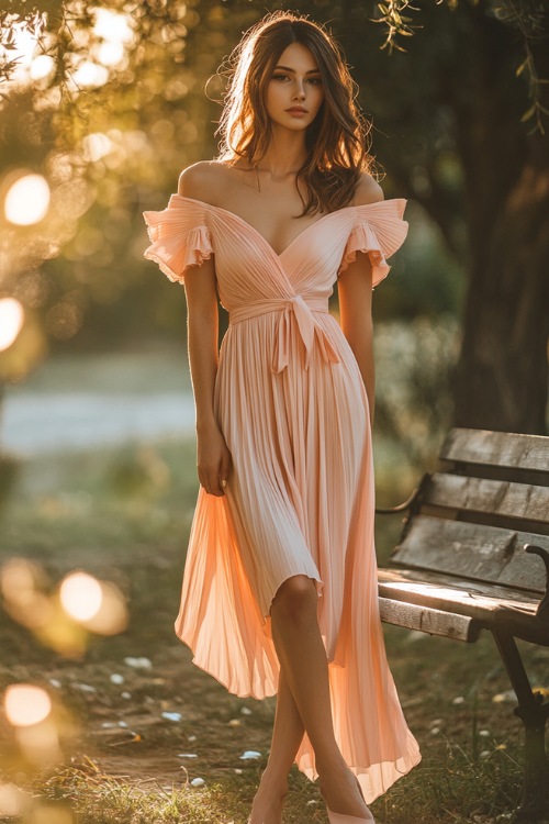 A chic woman in a pastel peach tea-length midi dress with a wrap bodice, flutter sleeves, and pleated detailing