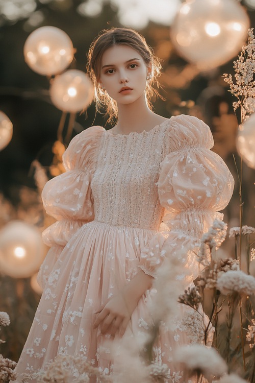 A chic woman in a pastel pink smocked midi dress with a tiered skirt, balloon sleeves, and subtle floral prints