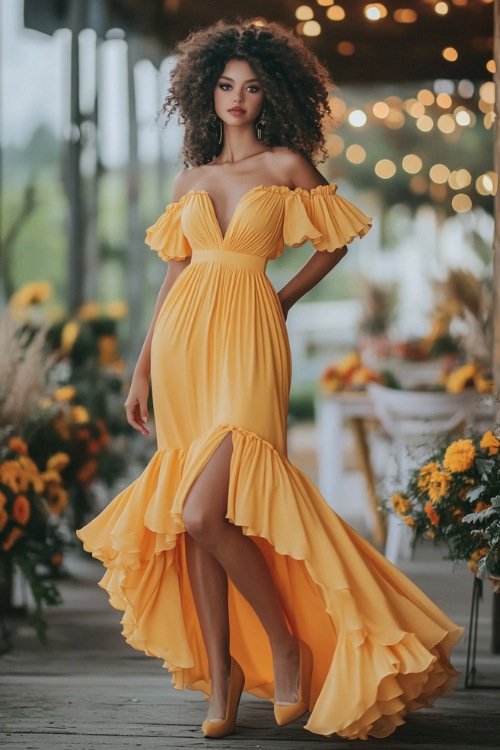 A chic woman in a sunflower yellow high-low maxi dress with a smocked bodice, puff sleeves, and a gathered skirt