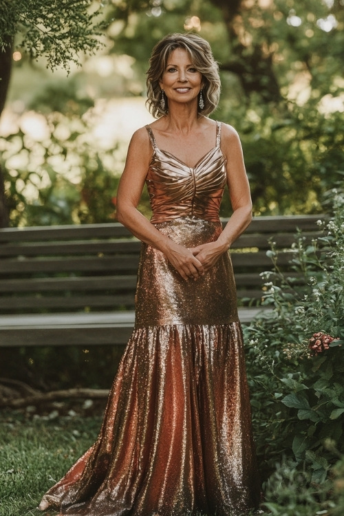 A chic woman over 50 in a metallic rose gold midi-length dress with a fitted bodice, a square neckline, and tiered detailing