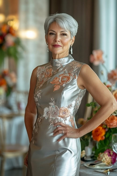 A chic woman over 50 in a metallic silver sleeveless short dress with a tulip hemline, subtle floral embroidery, and a high neckline