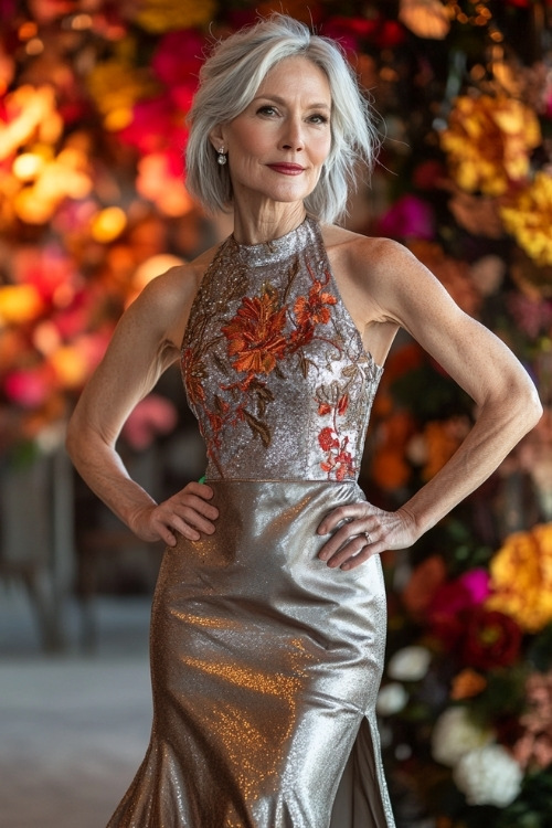 A chic woman over 50 in a metallic silver sleeveless short dress with a tulip hemline, subtle floral embroidery, and a high neckline