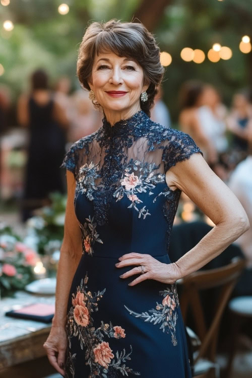 A chic woman over 50 in a navy floor-length A-line dress with a high neckline, lace embroidery, and subtle floral prints,