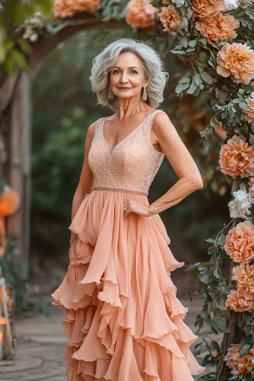 A chic woman over 50 in a pastel peach sleeveless maxi dress with a cinched waist, a tiered hemline, and subtle lace detailing (2)