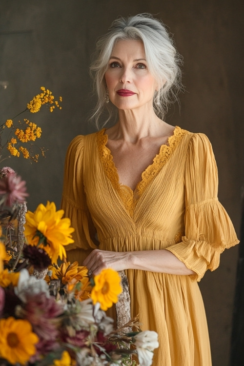 A chic woman over 50 in a sunflower yellow midi-length dress with a smocked bodice, flutter sleeves, and subtle pleats (2)