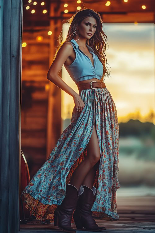 A confident woman in a flowing tiered maxi skirt with a southwestern pattern, paired with a sleeveless chambray blouse and heeled cowboy boots 1