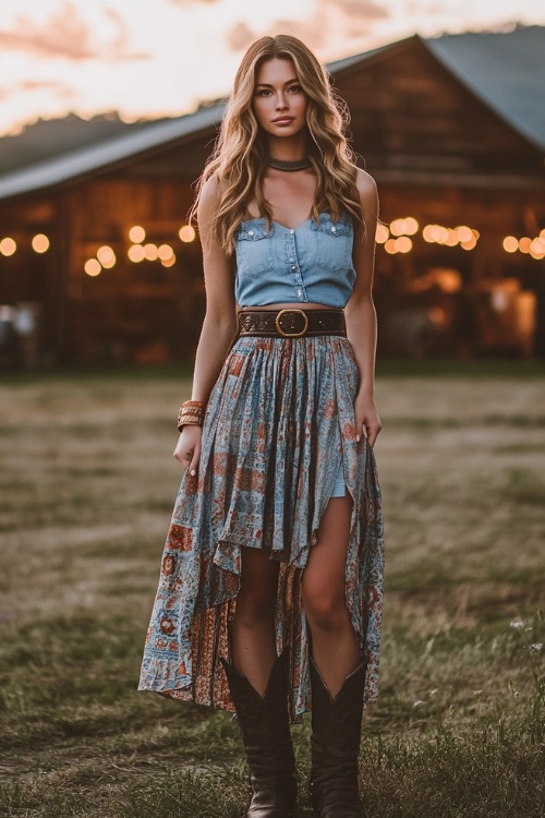 A confident woman in a flowing tiered maxi skirt with a southwestern pattern, paired with a sleeveless chambray blouse and heeled cowboy boots