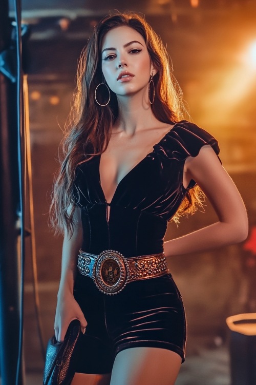 A confident woman in a ruched velvet mini dress, paired with tall western boots and a bold concho belt