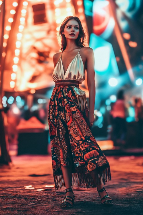 A confident woman in a wrap skirt with a bold western print, paired with a sleeveless satin blouse