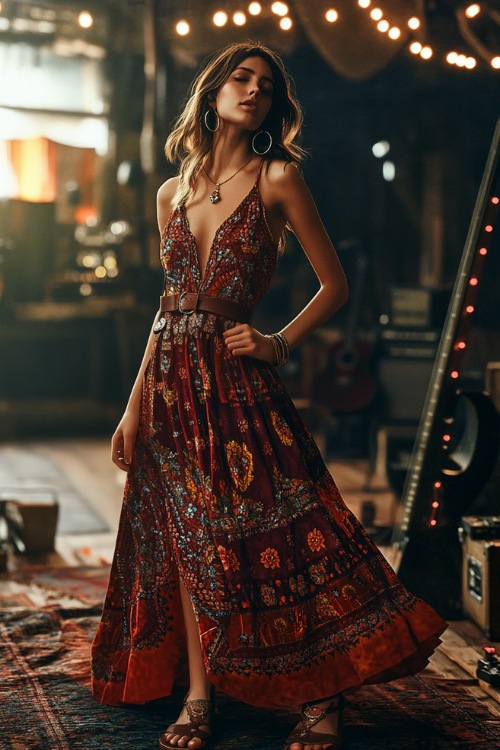 A confident woman in an embroidered boho maxi dress, paired with wedge sandals and a leather belt, accessorized with hoop earrings