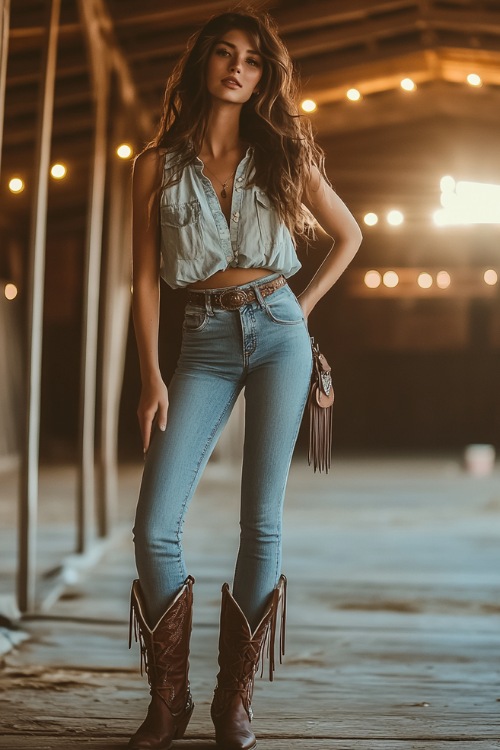 A confident woman in high-waisted skinny jeans with subtle embroidery, paired with a sleeveless chambray blouse and ankle cowboy boots