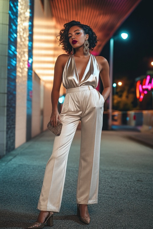 A confident woman in tailored wide-leg linen pants, paired with a sleeveless satin blouse and metallic heels, accessorized with a bold clutch