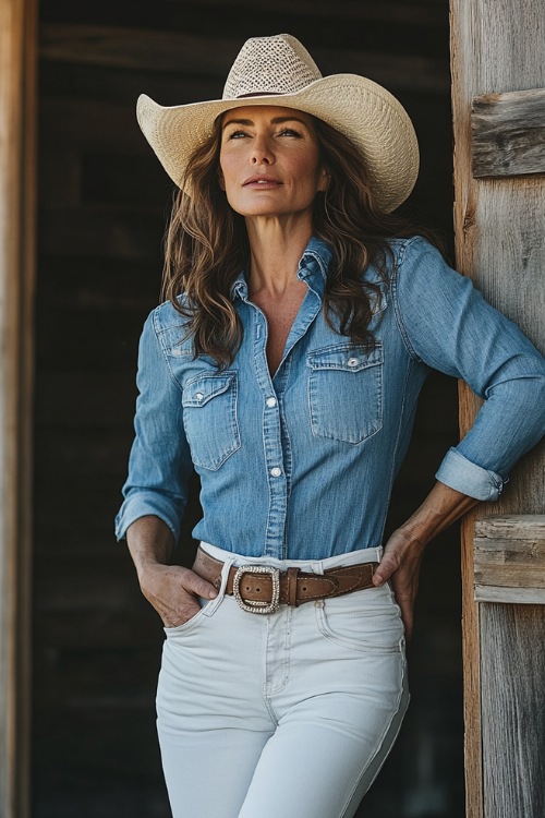 A confident woman over 40 in a chambray button-up shirt tucked into white cropped jeans, paired with tall western boots and a straw hat