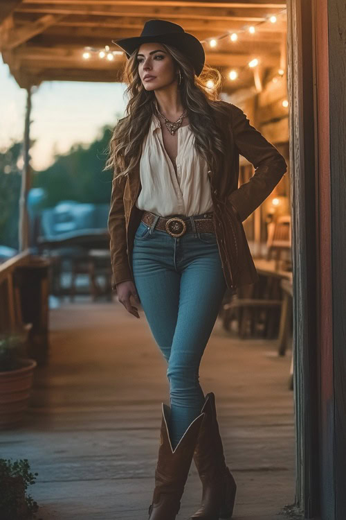 A confident woman over 40 in a cropped tailored jacket, a flowy blouse, bootcut jeans, and heeled cowboy boots, accessorized with a bold leather belt