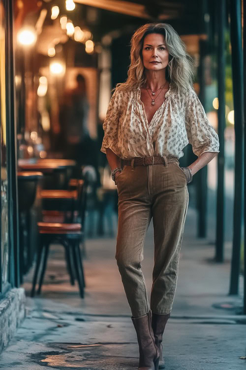 A confident woman over 40 in a flowy peasant blouse tucked into cropped trousers, paired with low-heeled boots and a leather belt