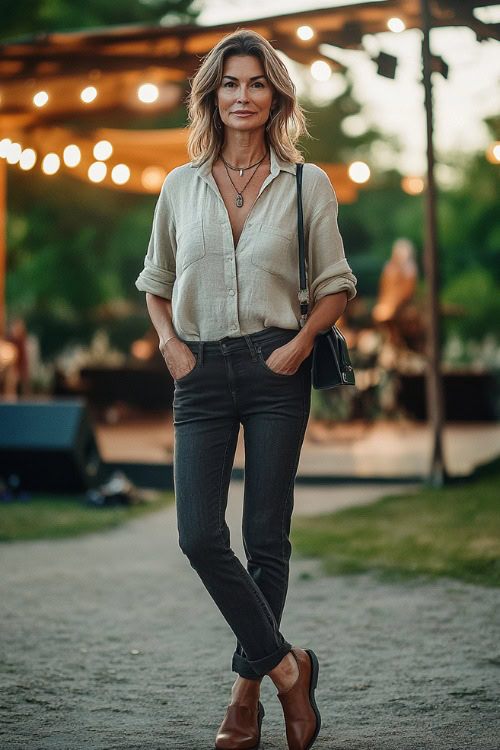 A confident woman over 40 in a relaxed button-up linen shirt, straight-leg dark jeans, and leather loafers, accessorized with a crossbody bag and a layered necklace