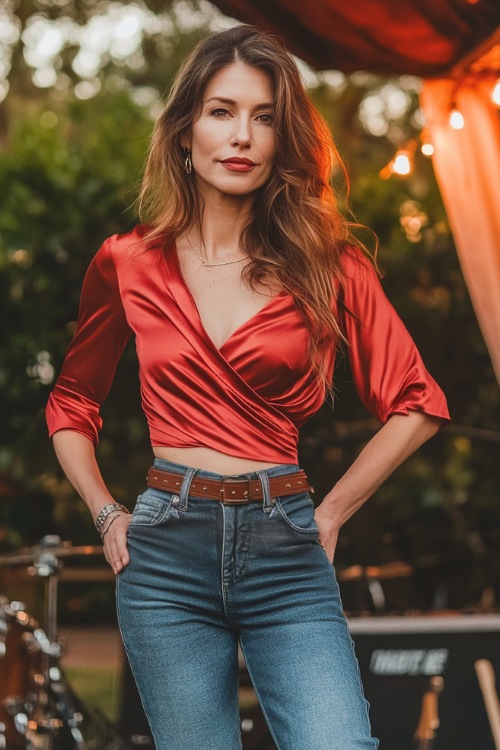 A confident woman over 40 in a satin wrap top, slim-fit cropped jeans, and studded ankle boots, accessorized with a bold leather belt