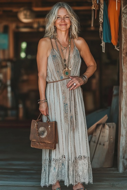 A confident woman over 40 in a sleeveless boho maxi dress with lace accents, paired with wedge espadrilles and a leather crossbody bag