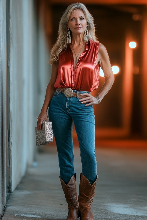 A confident woman over 40 in a sleeveless satin blouse, tailored high-waisted jeans, and heeled cowboy boots, accessorized with a metallic clutch and statement earrings