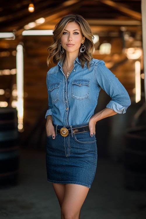 A confident woman over 40 in a tailored denim skirt, paired with a chambray button-up shirt and ankle boots, accessorized with a fringe crossbody bag