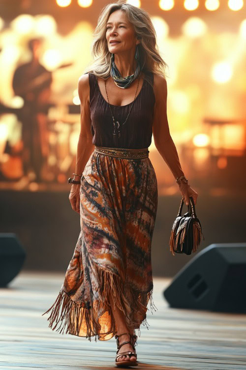 A confident woman over 40 in a wrap skirt with a subtle western design, paired with a sleeveless top and wedge sandals, accessorized with a fringe handbag