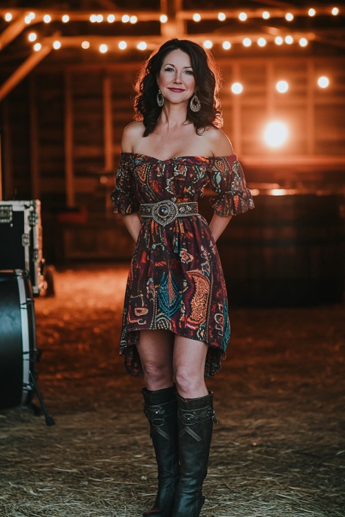 A confident woman over 40 in an off-the-shoulder midi dress with a southwestern print, paired with knee-high boots and a statement belt