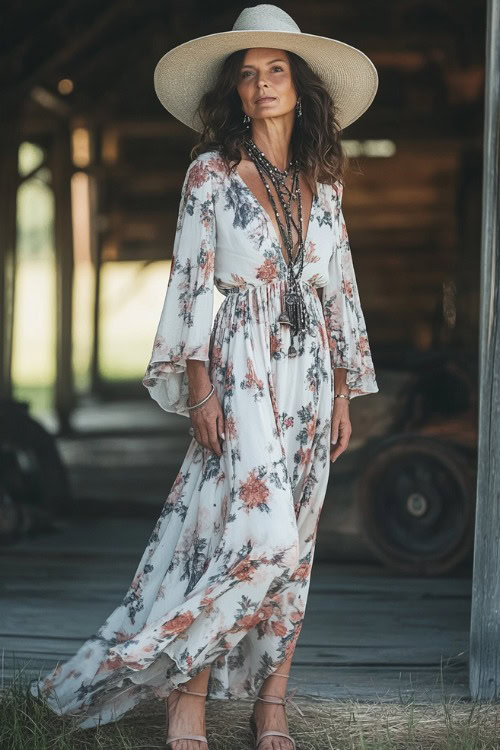 A confident woman over 40 wearing a flowy boho maxi dress with floral prints, paired with wedge sandals and a wide-brimmed hat, accessorized with layered necklaces (2)