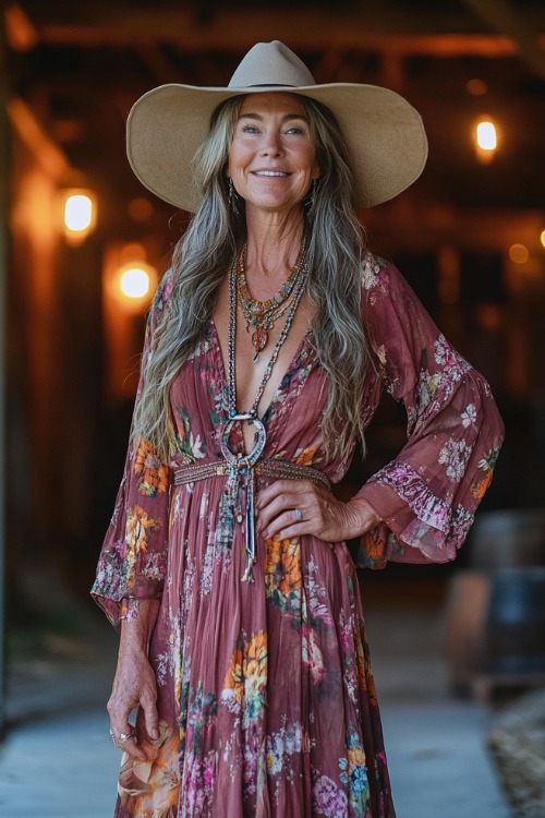 A confident woman over 40 wearing a flowy boho maxi dress with floral prints, paired with wedge sandals and a wide-brimmed hat, accessorized with layered necklaces