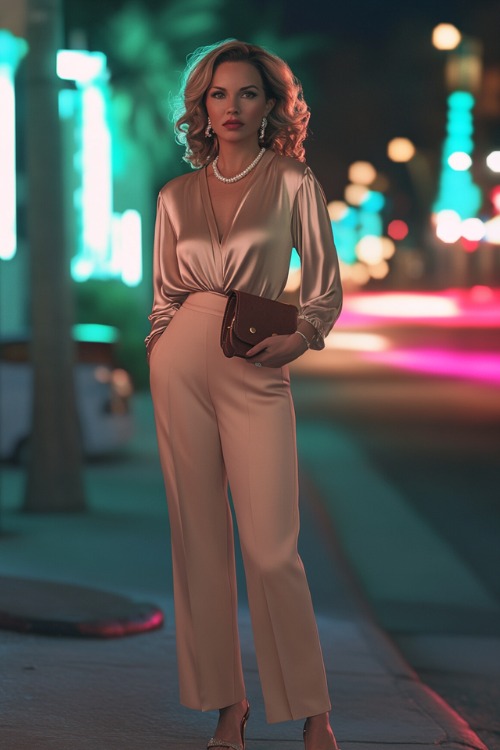 A confident woman over 40 wearing a high-neck satin blouse, wide-leg trousers, and wedge espadrilles, accessorized with a leather clutch and a pearl necklace