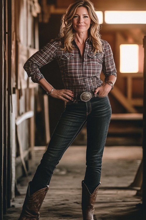 A confident woman over 40 wearing a plaid button-up shirt tucked into dark bootcut jeans, paired with tall cowboy boots and a leather belt