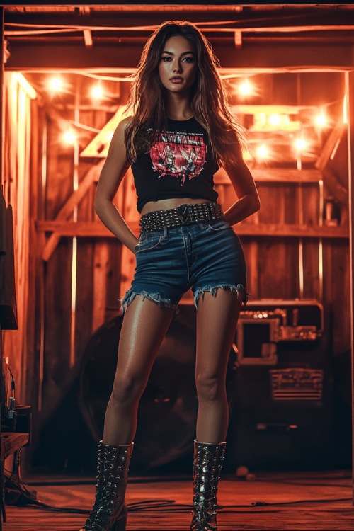 A confident woman wearing a fitted denim mini skirt, paired with a sleeveless graphic tee and studded ankle boots, accessorized with a metallic belt