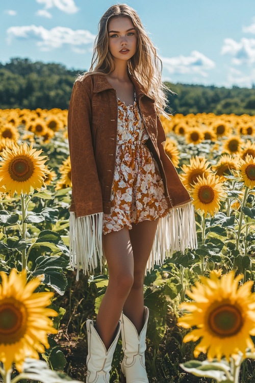 A country-inspired Valentine's outfit with a floral midi dress, white cowboy boots, and a suede fringe jacket