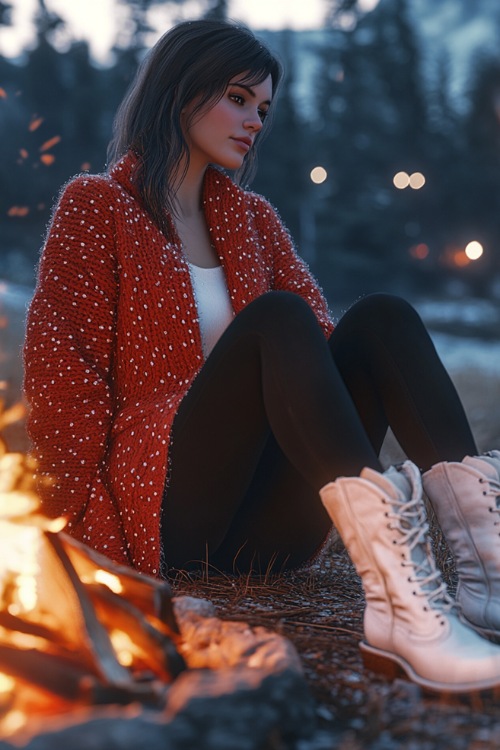 A cozy Valentine’s outfit with a woman in a red oversized cardigan, black leggings, and white cowboy boots