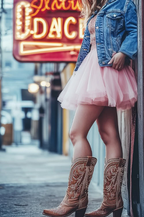 A denim-on-denim look featuring a blue denim jacket, a pink tulle skirt, and brown embroidered cowboy boots