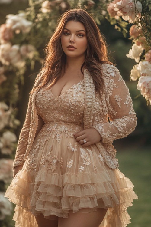 A fashionable plus-size woman in a champagne-colored short A-line dress with a tiered skirt, floral embroidery, and a matching cropped jacket