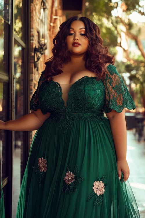 A fashionable plus-size woman in a deep emerald green empire-waist maxi dress with short puff sleeves, a sweetheart neckline