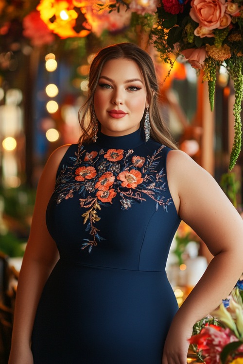 A fashionable plus-size woman in a navy tea-length midi dress with a high neckline, side cutouts, and floral embroidery