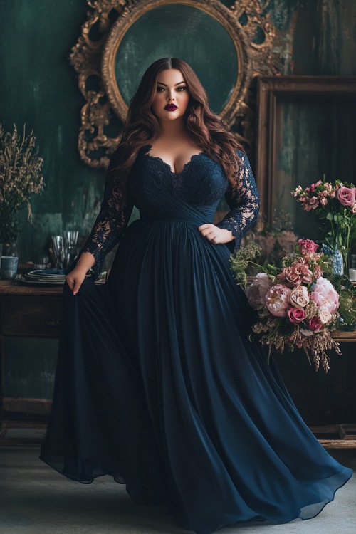 A fashionable plus-size woman in a navy wrap maxi dress with lace detailing, a tulip hemline, and a flowing skirt (2)