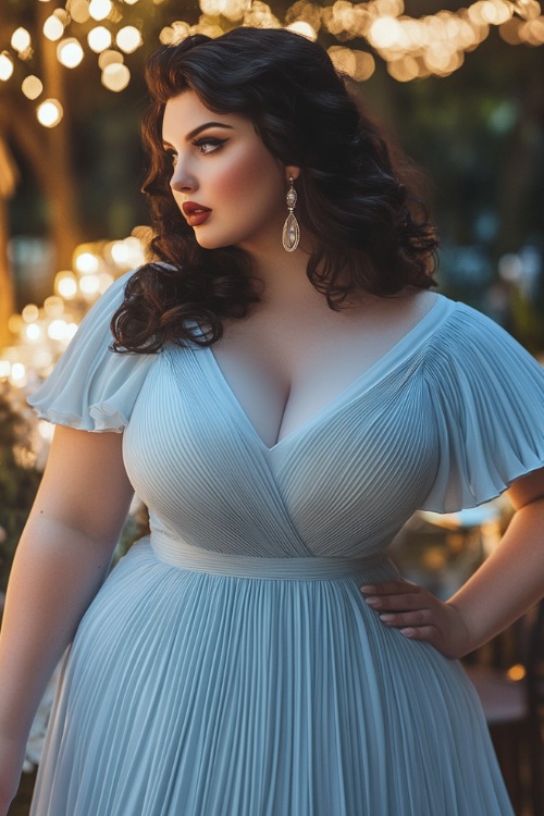 A fashionable plus-size woman in a pastel blue midi dress with a cinched waist, flutter sleeves, and pleated details