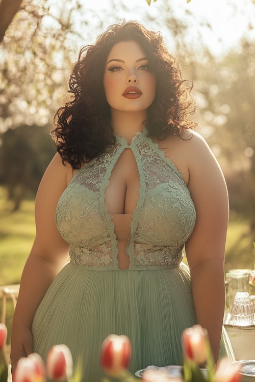 A fashionable plus-size woman in a sage green knee-length bubble dress with a halter neckline, side cutouts, and floral lace accents