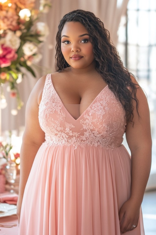 A fashionable plus-size woman in a soft blush pink sleeveless maxi dress with a tulip hemline, floral lace accents, and subtle pleats