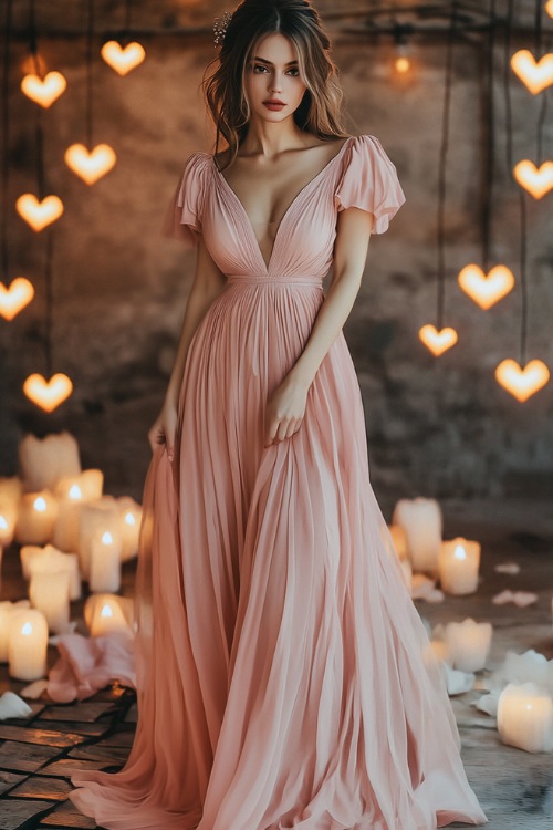 A fashionable woman in a blush pink empire-waist maxi dress with flutter sleeves, a V-neckline, and a cinched waist