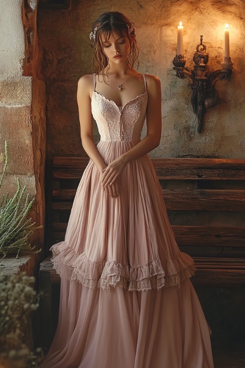 A fashionable woman in a blush pink knee-length A-line dress with a smocked bodice, lace accents, and a flowing skirt, standing near a candlelit rustic wedding bench