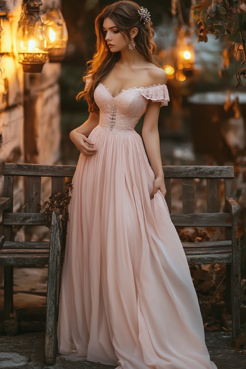 A fashionable woman in a blush pink knee-length A-line dress with a smocked bodice, lace accents, and a flowing skirt