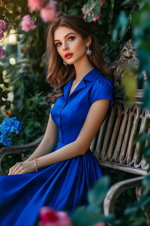 A fashionable woman in a cobalt blue knee-length A-line dress with a collared neckline, button-down details, and a flared hem (2)