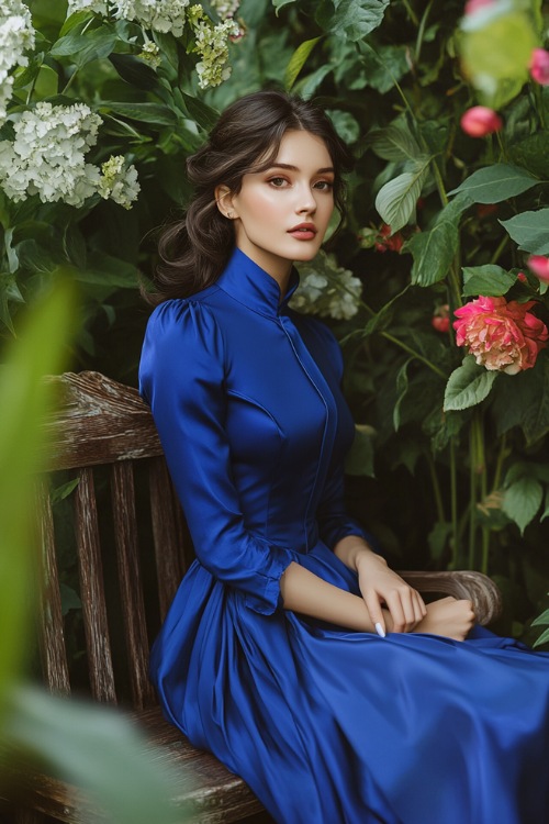 A fashionable woman in a cobalt blue knee-length A-line dress with a collared neckline, button-down details, and a flared hem