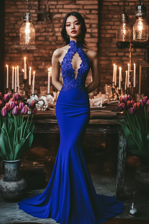 A fashionable woman in a cobalt blue sleeveless cocktail dress with a high neckline, floral appliqués, and a scalloped hemline (2)