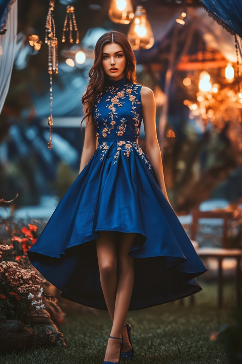 A fashionable woman in a cobalt blue sleeveless short dress with a gathered waist, floral embroidery, and a high-low tulip hemline